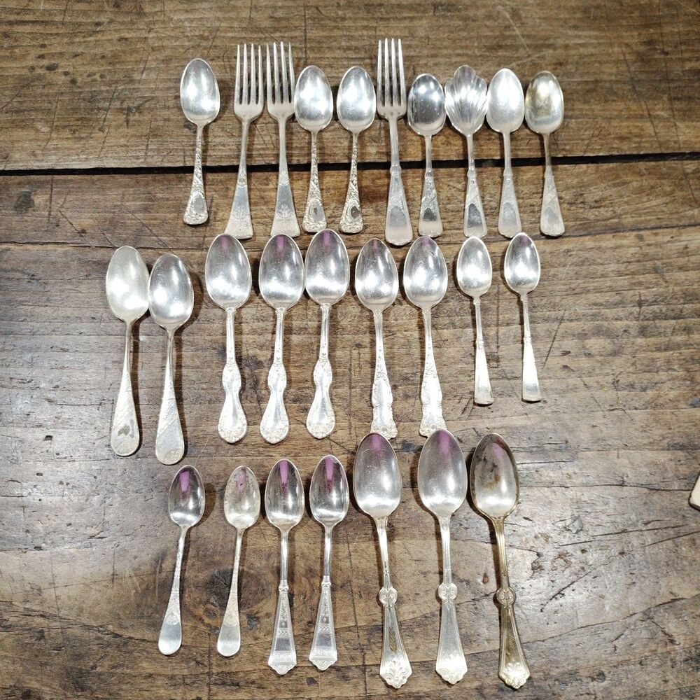 26 Huge Lot Vintage Flatware Spoons Silver Plated Engraved Carved Floral Crafts